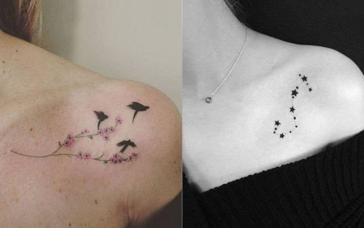 tatuagens no ombro de estrela e pássaros