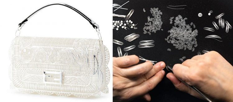 Bolsa feminina, bolsa, Fendi, Bolsa prateada Foto da bolsa baguette Fendi em filigrana de prata foto da direita duas mãos trabalhando em filigrana de prata