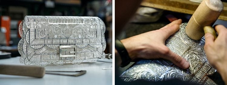 foto da esquerda bolsa Fendi em filigrana de prata foto da direita mão de um artesão trabalhando com um martelo no desenho em filigrana de prata