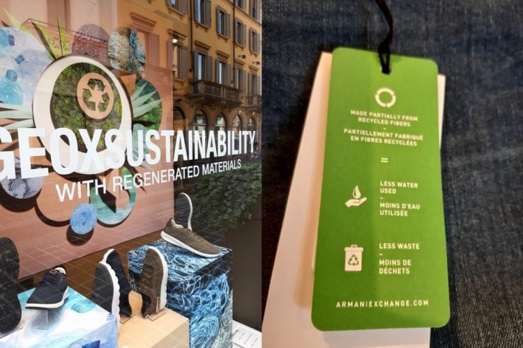 Foto da esquerda vitrine com tema sustentável da Geox painel e tênis bem como foto da direita etiqueta verde da Armani Exchange identificando tecido reciclado