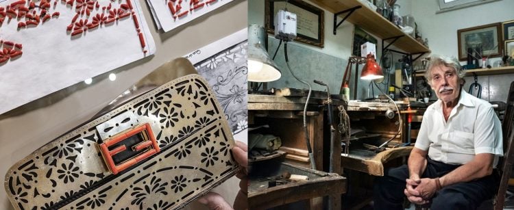 Foto da esquerda detalhe da confecção da Bolsa Baguette Fendi prateada e detalhes em coral, foto da direita o artesão Platimiro Fiorenza em seu atelier sentado na cadeira