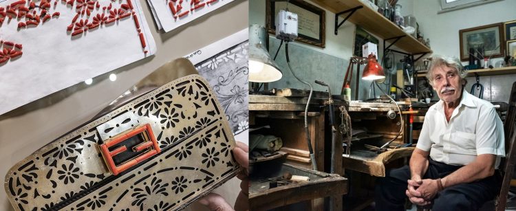 artesanato, feito a mão italiano, bolsa baguette Fendi, artesanato com coral, made in italy Foto da esquerda detalhe da confecção da Bolsa Baguette Fendi prateada e detalhes em coral, foto da direita o artesão Platimiro Fiorenza em seu atelier sentado na cadeira