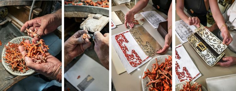 artesanato italiano, bolsa Fendi, bolsa feminina Etapas da produção mostrando detalhes de corais placas em prata da edição especial da bolsa baguette Fendi produzida pelo ourives Platimiro Fiorenza
