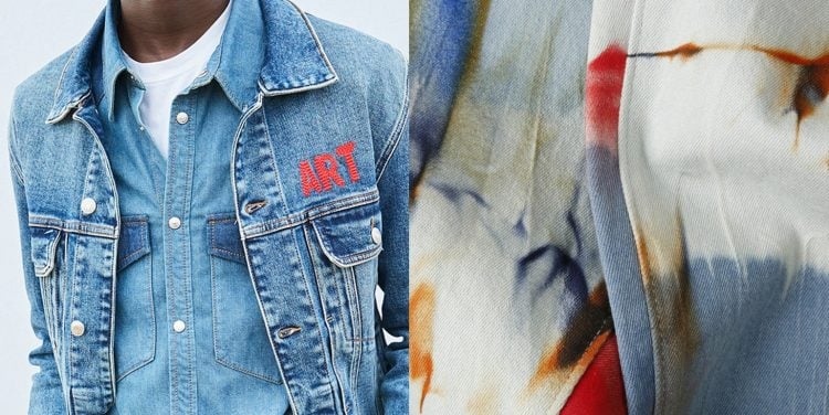 foto de jaqueta jeans com bordados palavra art e foto de tecido com acabamento tie-dye