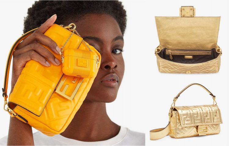 Tendência bolsa feminina, Bolsa Fendi, bolsa dourada, bolsa amarela Modelo negra veste camiseta branca segura bolsa Baguette Fendi amarela. Fotos ao lado modelo da bolsa Baguette Fendi cor dourada , vista da bolsa aberta e fechada.