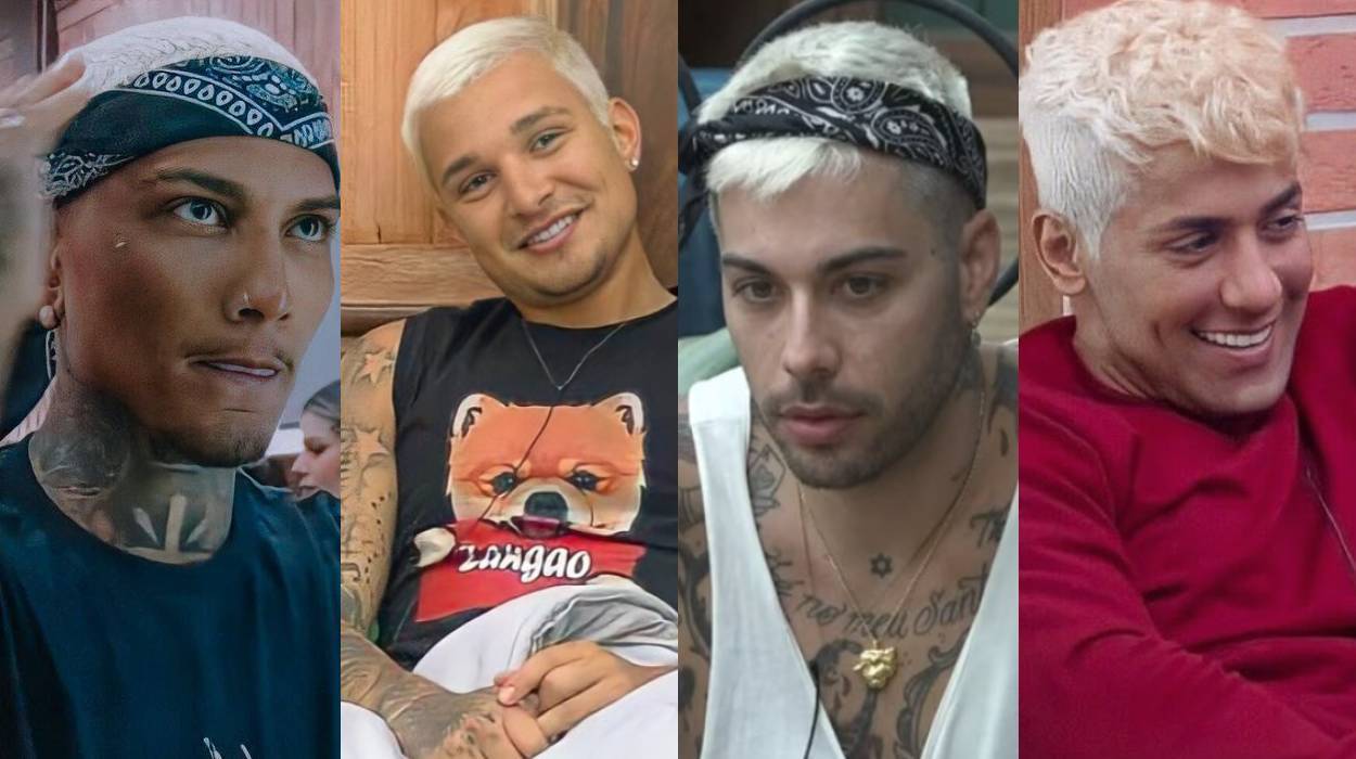 Dynho, Gui Araujo, MC Gui e Tiago pintem o cabelo de loiro. Reprodução: Instagram. Montagem: Ana Beatriz Ribeiro