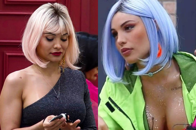 Montagem com duas fotos ilustrando os cabelos coloridos de Aline Mineiro. Na primeira foto, ela usa uma peruca loira. Na segunda, é uma lilás. Aline Mineiro cabelo colorido