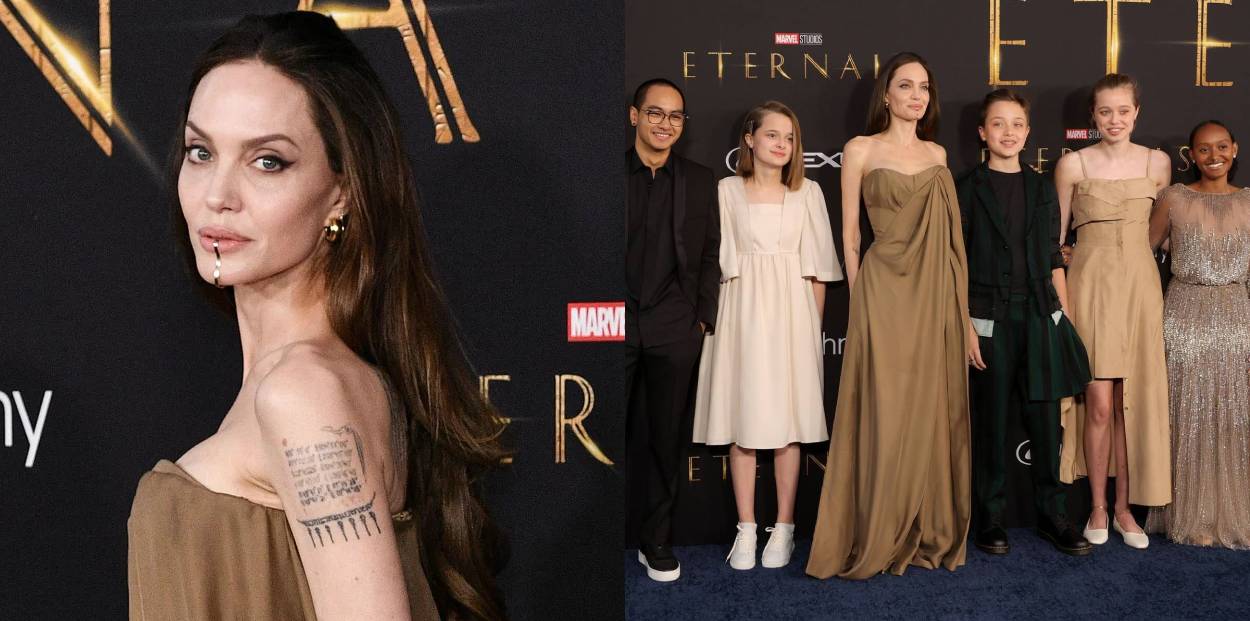 Angelina Jolie e filhos na pré-estreia de Eternos, da Marvel