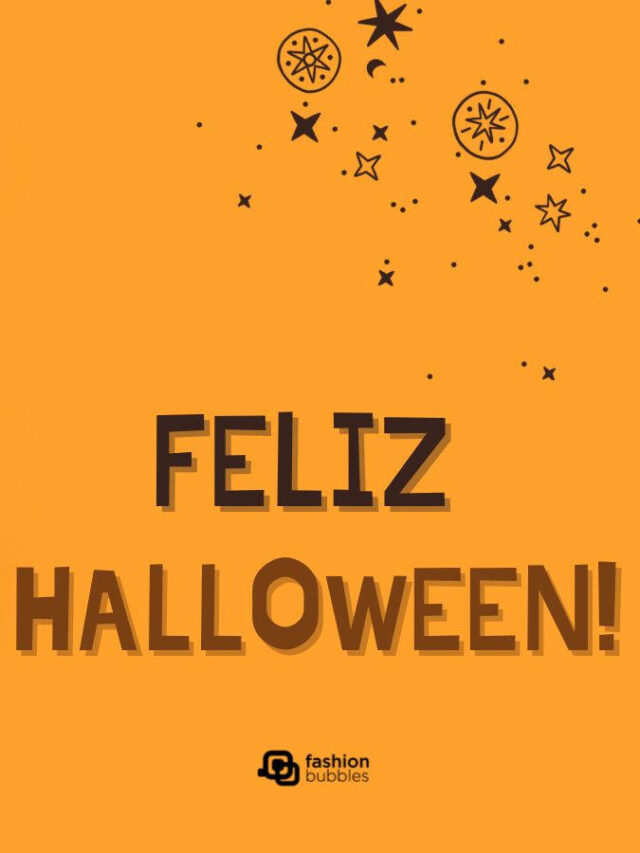 Destaque das frases de Halloween desejando Feliz Halloween com elementos como teia de aranha, morcego e abóbora em um fundo laranja