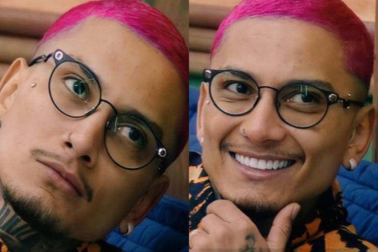 Montagem com duas fotos ilustrando o cabelo rosa de Dynho Alves. Dynho Alves cabelo colorido
