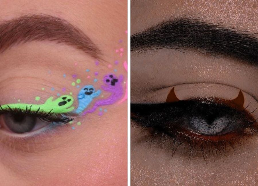 Maquiagem de Halloween simples: delineado colorido de fantasmas e delineado simulando chifres de diabo