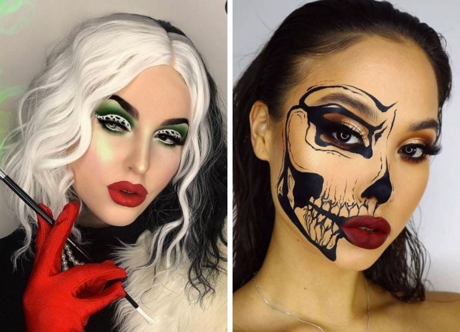 Maquiagem de Halloween simples de Cruella e meia caveira mexicana em uma montagem 