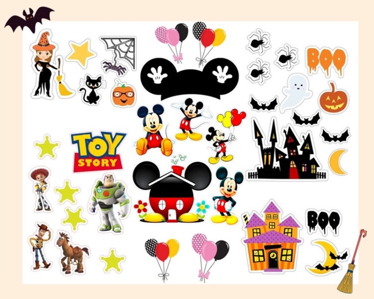 Foto com exemplos de plaquinhas para o Halloween Disney.