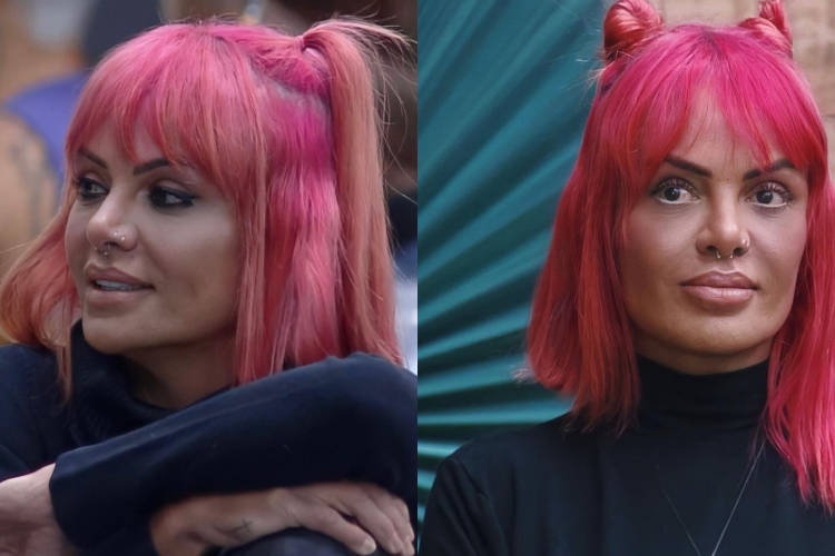 Montagem com duas fotos ilustrando o cabelo rosa de Valentina Francavilla. Valentina Francavilla cabelo colorido