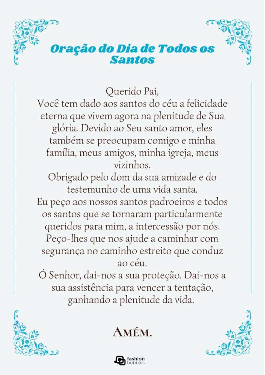 Ilustração da oração de Todos os Santos em azul no estilo de pergaminho