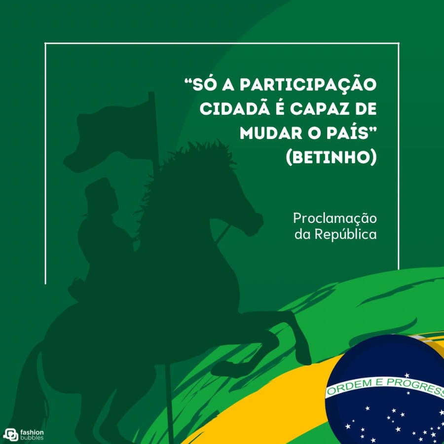 Ilustração de cavaleiro segurando bandeira e bandeira do brasil com a frase "Só a participação cidadã é capaz de mudar o país", do Betinho