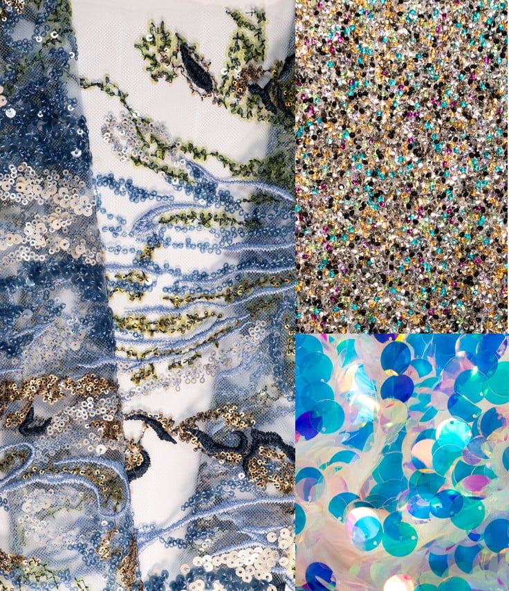 tecidos bordados com paetês, e pedras coloridas Milano Unica