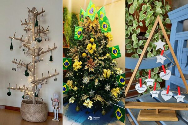 Foto com 3 estilos criativos de árvore de natal: de galhos, madeira e inspirada na Copa do Mundo.
