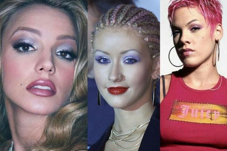 Britney Spears, Christina Aguilera e Pink com maquiagem anos 2000