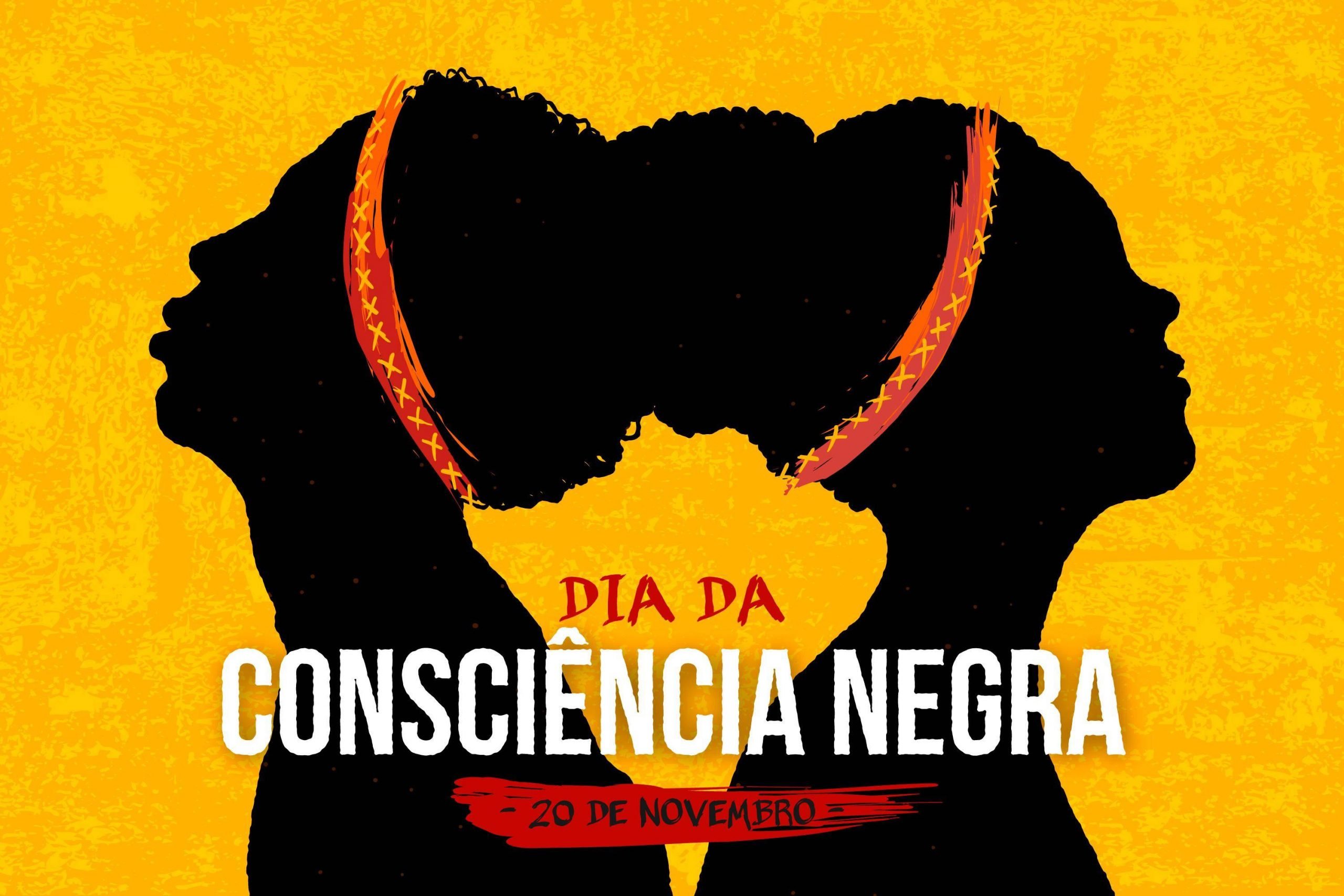 Desenho de pessoas negras com a frase "Dia da Consciência Negra 20 de novembro".