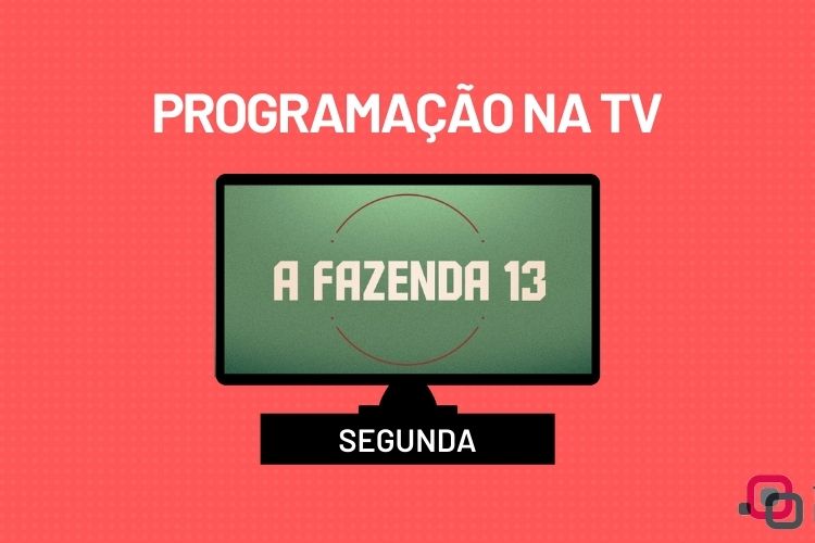 Na imagem, tem uma TV preta com a logo da Fazenda 13. Em cima, tem escrito "Programação na TV" e embaixo tem "Domingo". O fundo é rosa. Na edição de segunda é dia de Prova de Fogo em A Fazenda