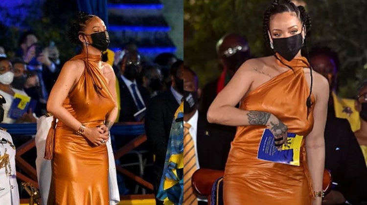 Rihanna em evento, "tentando esconder" a gravidez