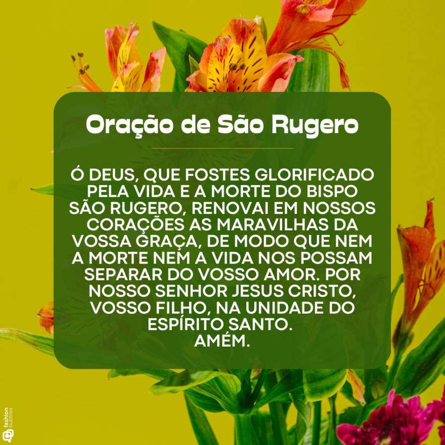 Oração de São Rugero com flores laranjas em fundo verde