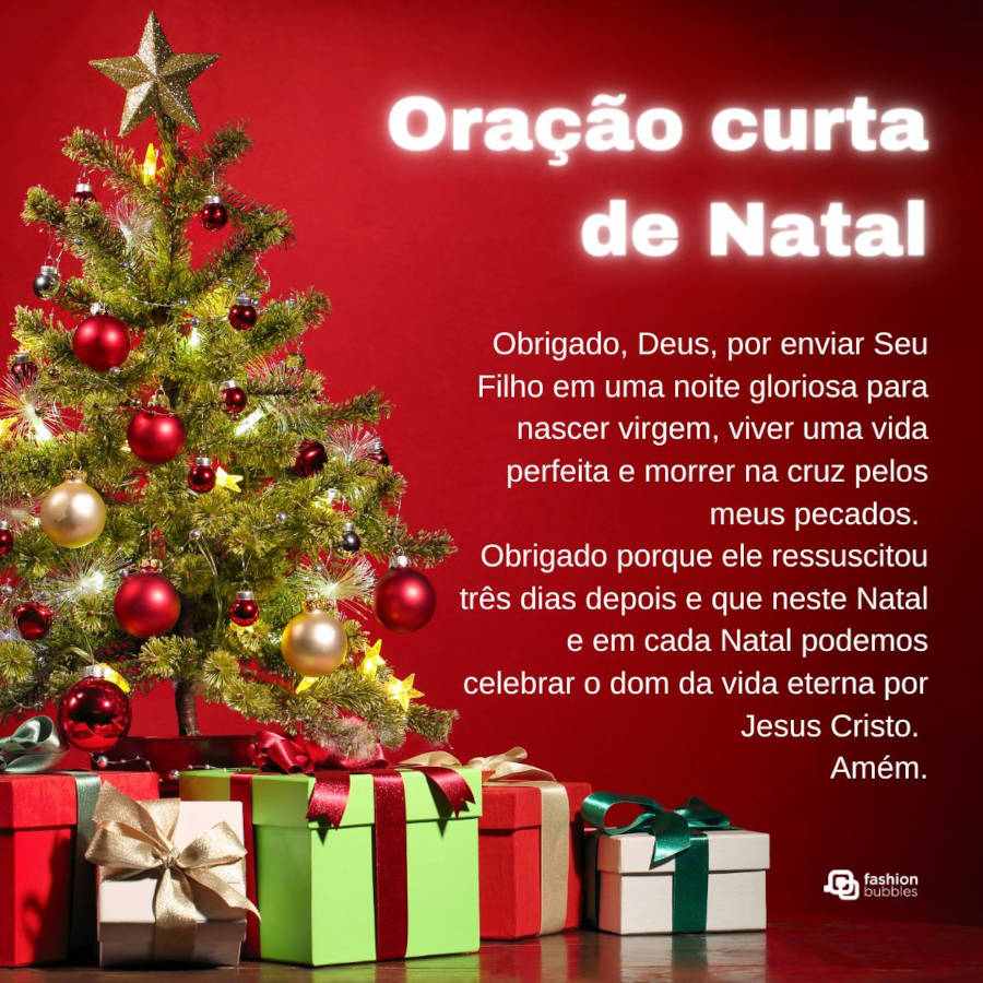 Oração de Natal curta com o fundo vermelho e com árvore de Natal e presentes