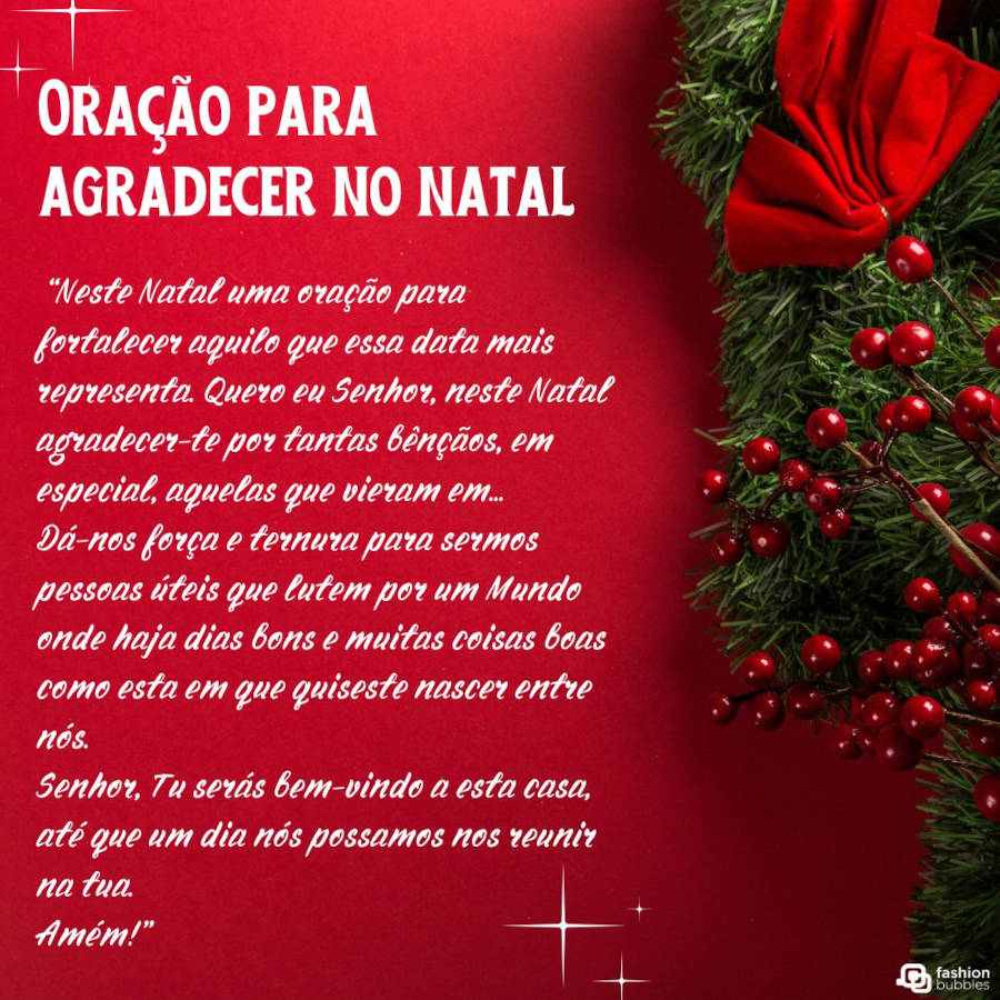 Ilustração com oração de agradecimento pelo natal com fundo vermelho e margem de folhagem de pinheiro de natal