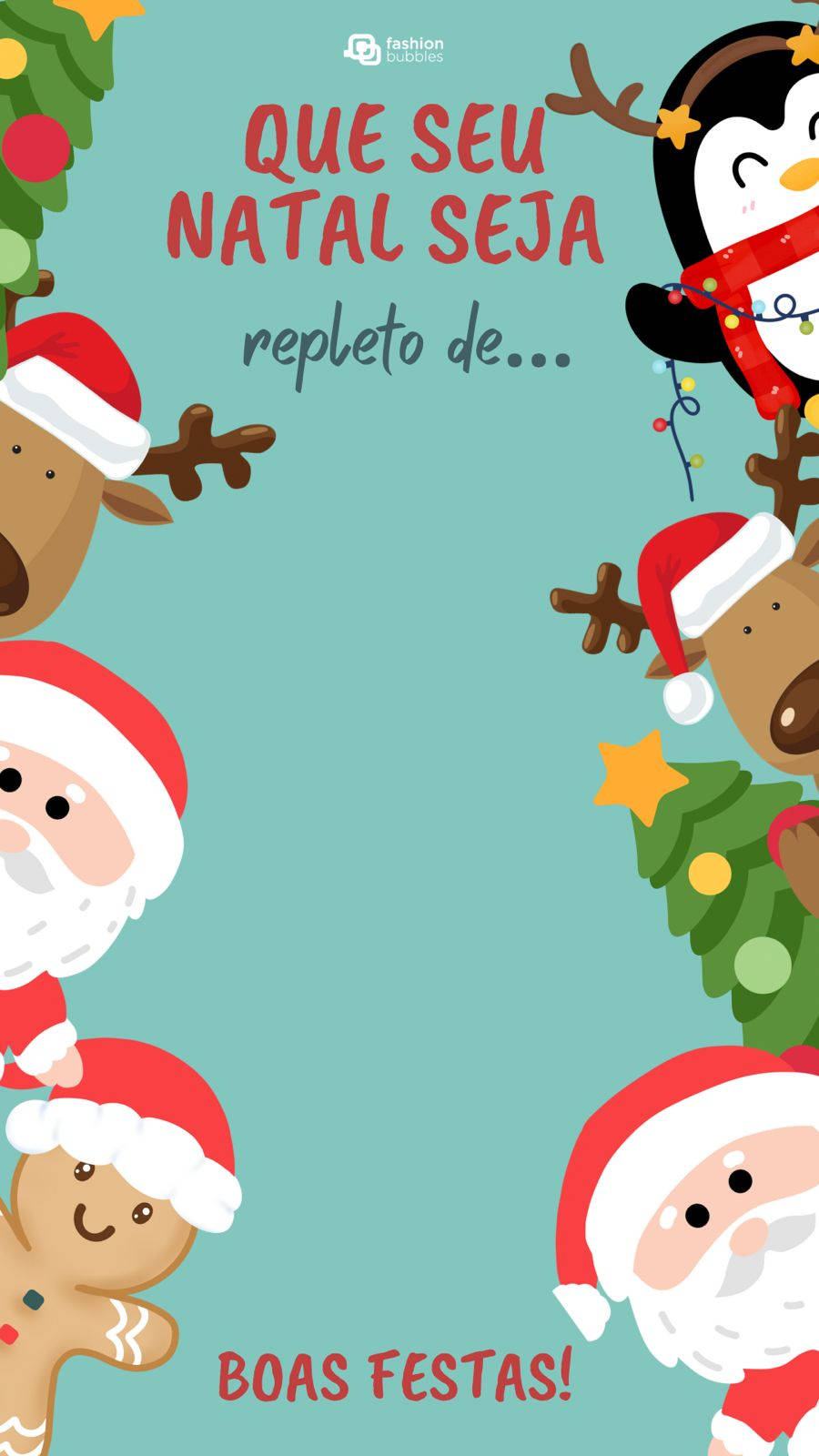 Ilustração de Feliz Natal com imagens de papai noel, pinguim, árvore de natal, rena e biscoito de natal