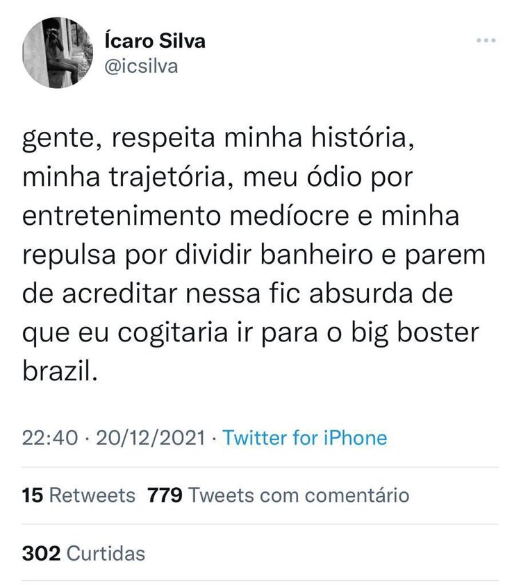 Ícaro Silva criticou BBB Fonte: Twitter
