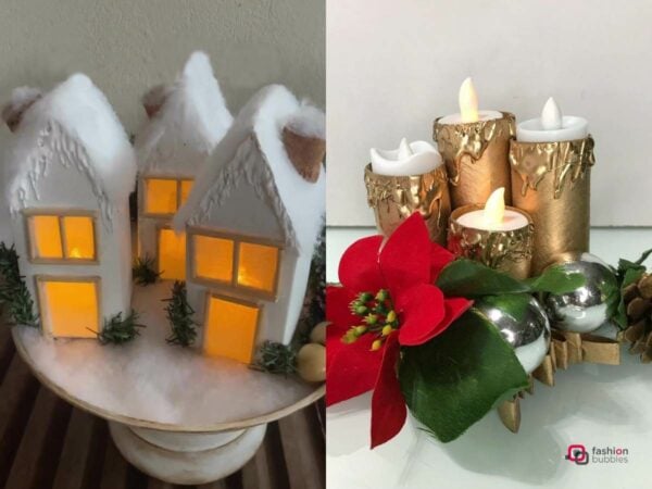 Montagem com 2 decoração natalinas sustentáveis feitas com caixinha de leite e rolo de papel higiênico.