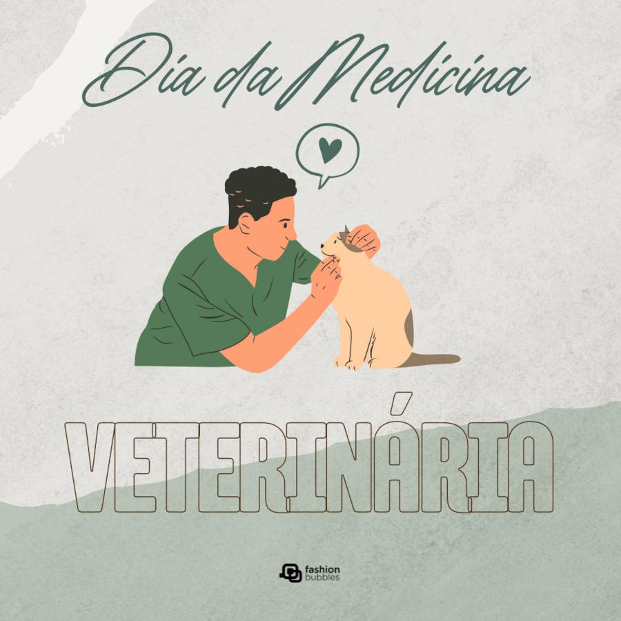 Ilustração de um médico veterinário cuidado de um gato com a frase" Dia Internacional da Medicina Veterinária" em destaque