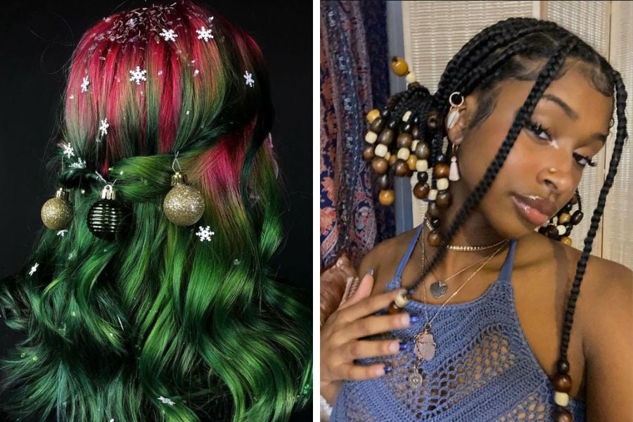 Montagem com 2 ideias de penteados de Natal, cabelo liso colorido com bolas natalinas e cabelo com tranças africanas e miçangas de madeira