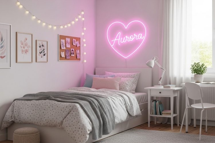 Um quarto delicado em tons de rosa e branco. A cama tem uma colcha branca de bolinhas e uma manta cinza. Acima da cama, um letreiro de néon em forma de coração rosa com o nome "Aurora" é o destaque.