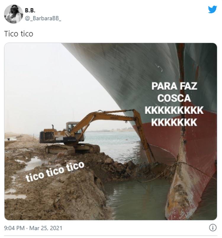 Foto de meme sobre o navio que encalhou no Egito. 