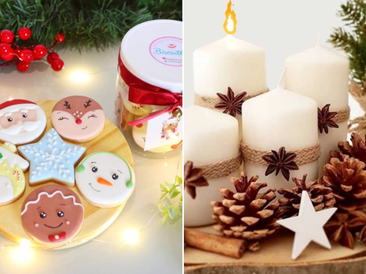 Dois modelos de presente de Natal DIY: biscoitos e velas.