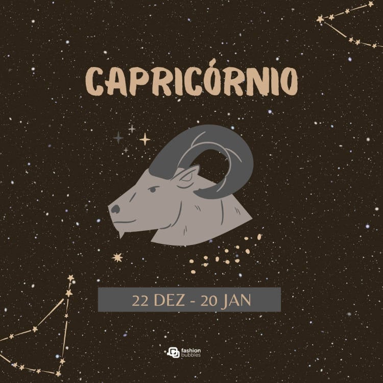 Ilustração marrom com a cabeça de cabra, símbolo do signo capricórnio, com a data "de 22 de dezembro a 20 de janeiro" 