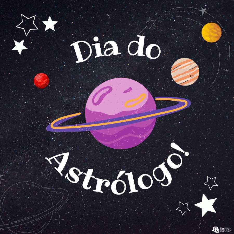 Ilustração com planetas e estrelas para o Dia do Astrólogo