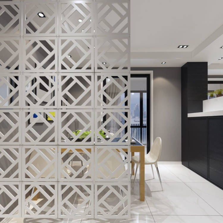 sala de jantar em conceito aberto com divisória vazada sala de jantar com divisória