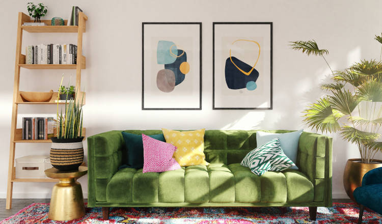 tendências de arquitetura, sala personalizada com sofá verde, plantas e quadros sala com sofá verde