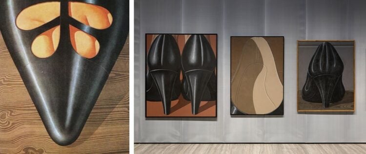 foto da esquerda close da parte da frente de uma sapato com fendas mostrando os dedos. Foto da direita 3 quadros de Domenico Gnoli de sapatos pretos