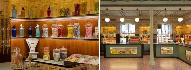 Imagem da esquerda prateleiras do Bar Luce com balas e sorvetes em tons Candy color, bem como foto da direita imagem geral do Balcão da Fundação Prada em Milão