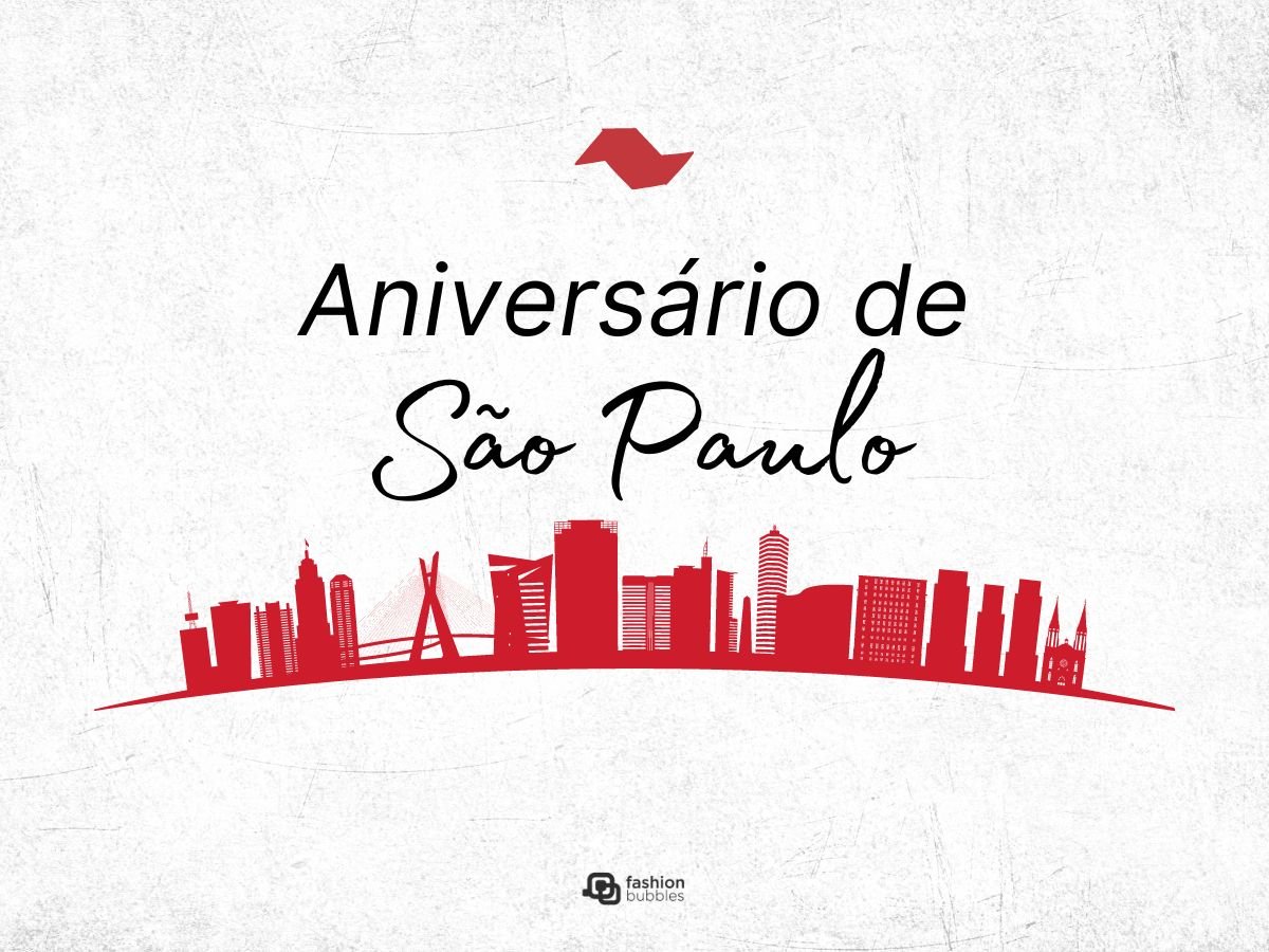 Escrito "Aniversário de São Paulo" com desenho de prédios e construções da cidade paulista.