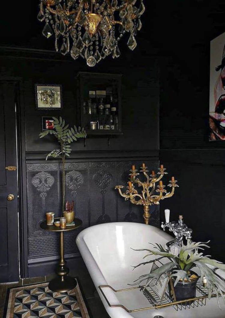 Plantas no banheiro gótico.