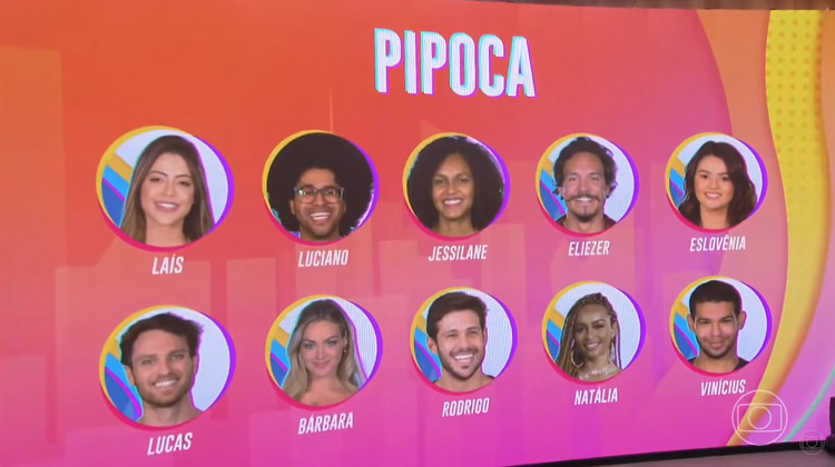 Fotos de dez participantes em um fundo rosa, laranja e amarelo. Tem escrito "pipoca". Elenco do pipoca disputa prova de imunidade no BBB 22