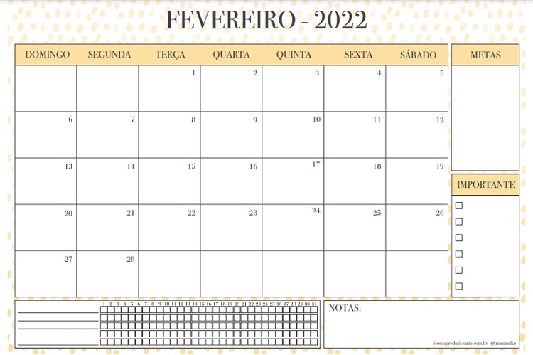 Foto de calendário de fevereiro de 2022 do blog Foco na Produtividade