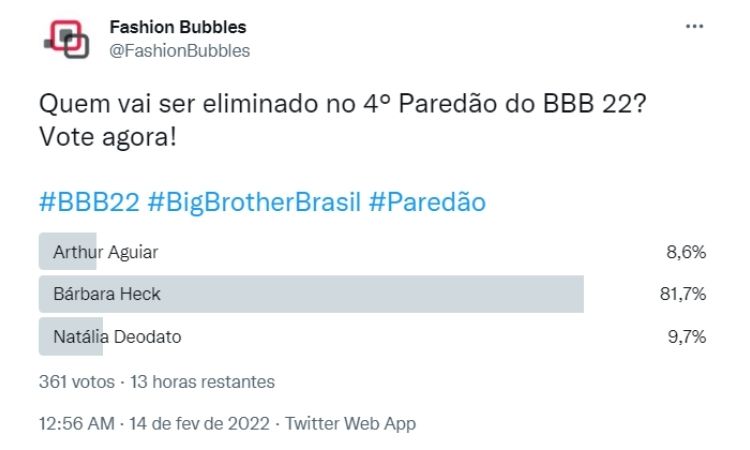 pesquisa no Twitter às 11h de 15/02 apontava saída de Bárbara pesquisa no Twitter às 11h de 15/02