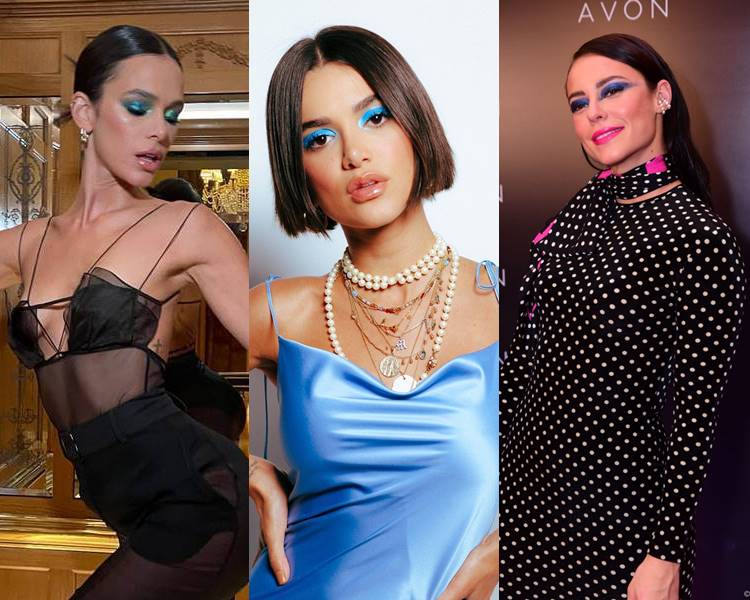 Famosas Bruna Marquezine, Manu Gavassi e Paolla Oliveira usando sombra azul, maquiagem. Foto de Bruna Marquezine, Manu Gavassi e Paolla Oliveira.