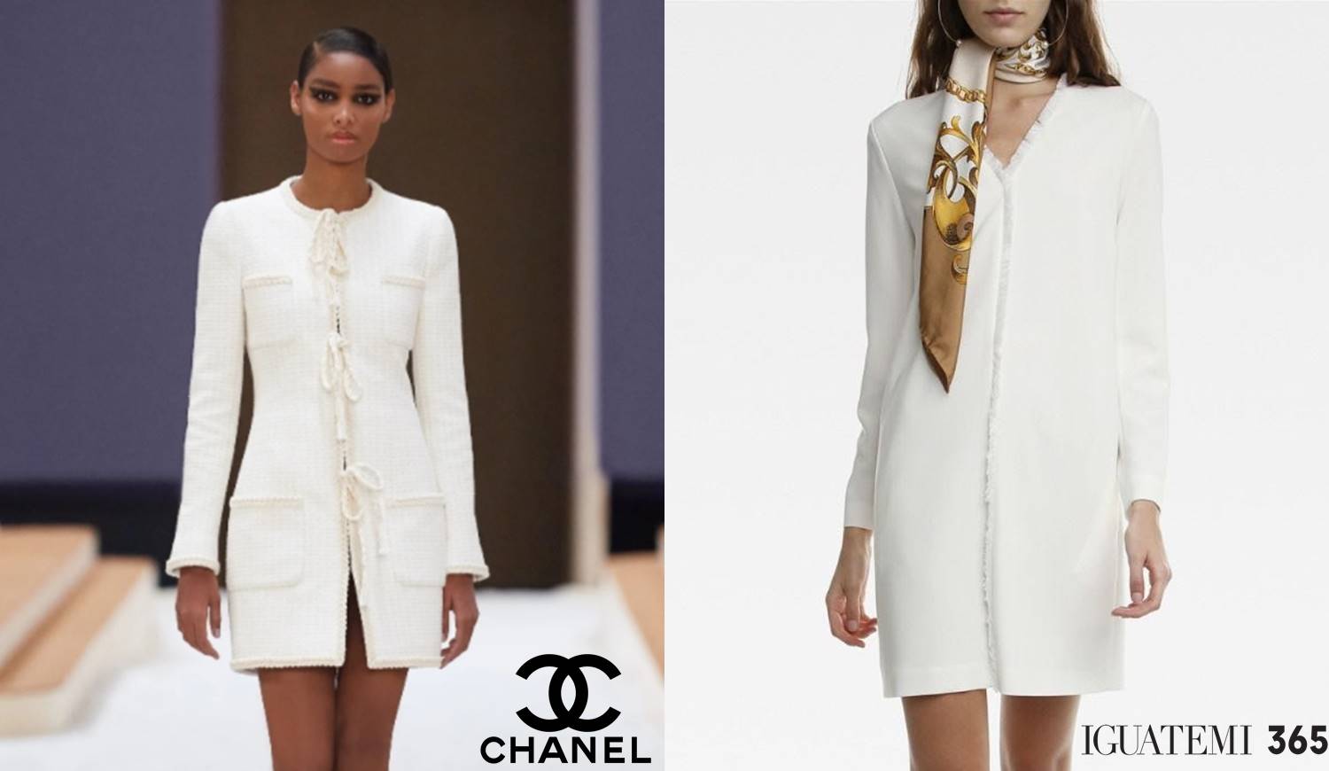 Foto de modelo no desfile Alta Costura Chanel 2022 e de peça de roupa do Iguatemi 365.
